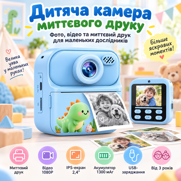 Детский цифровой фотоаппарат с функцией мгновенной печати и аккумулятором 1300 мАч