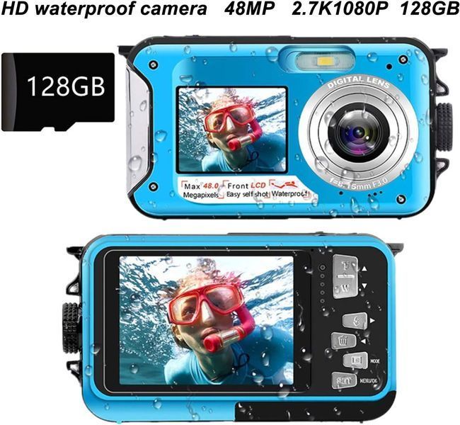 Цифрова камера підводна камера Full HD 2.7K 48MP з двома екранами спереду та ззаду та 16-кратним цифровим зумом фото
