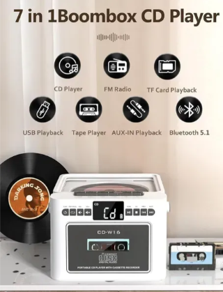Касетний CD-програвач / бумбокс Jimeng з Bluetooth та акумулятором FM/AUX/Micro SD/USB фото