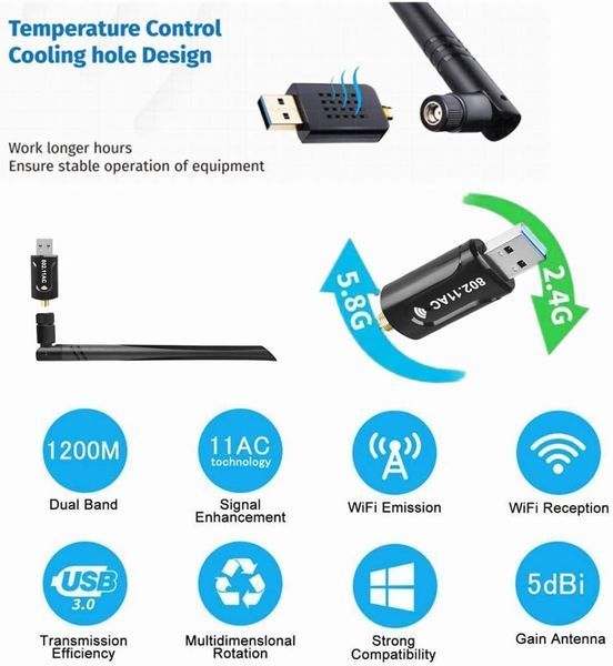 Бездротовий мережевий адаптер Hungwu USB 3.0 Wifi AC 1200 Мбіт/с фото