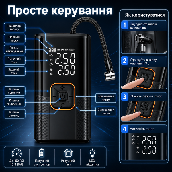 Портативний автомобільний компресор 150 PSI з LED-підсвіткою