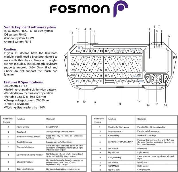 Міні-клавіатура Fosmon Bluetooth, клавіатура QWERTY, з сенсорною панеллю фото