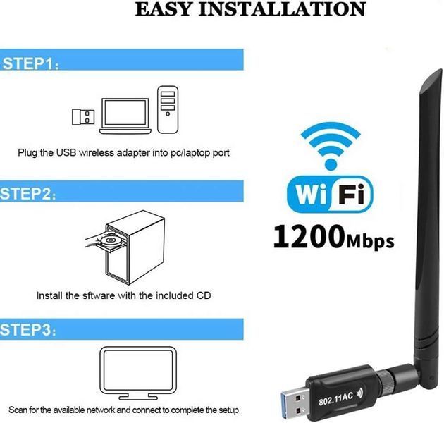 Бездротовий мережевий адаптер Hungwu USB 3.0 Wifi AC 1200 Мбіт/с фото