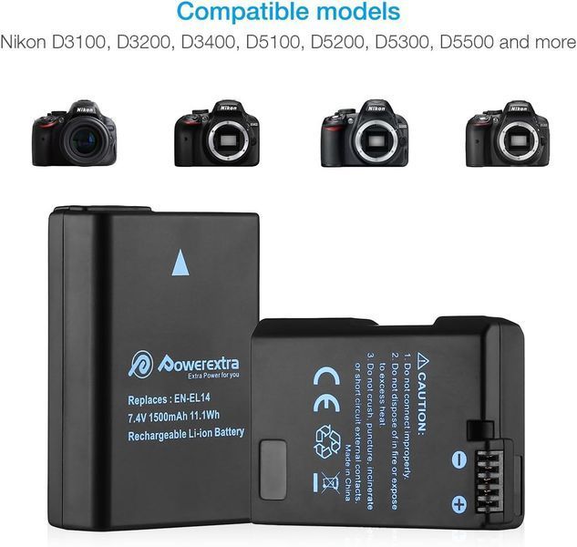 Зарядний пристрій Powerextra EN-EL14 EN EL14A з USB-портом та 2 акумуляторні батареї