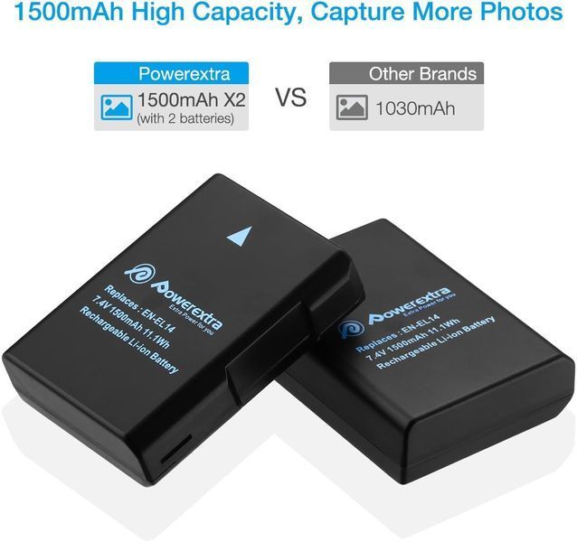 Зарядний пристрій Powerextra EN-EL14 EN EL14A з USB-портом та 2 акумуляторні батареї