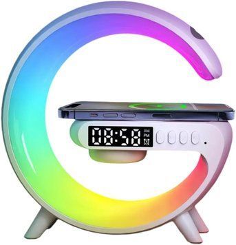 Настольная смарт лампа ночники часы G-Smart RGB G 63 15W Light Sound Machine с беспроводной зарядкой и Bluetooth колонка Белая фото