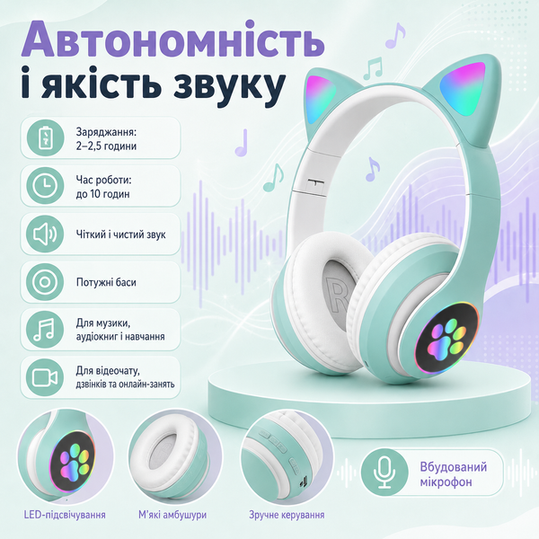 Беспроводные детские Bluetooth-наушники с микрофоном и LED-подсветкой фото