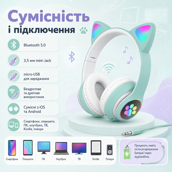 Беспроводные детские Bluetooth-наушники с микрофоном и LED-подсветкой фото