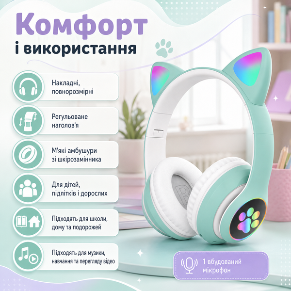 Беспроводные детские Bluetooth-наушники с микрофоном и LED-подсветкой фото
