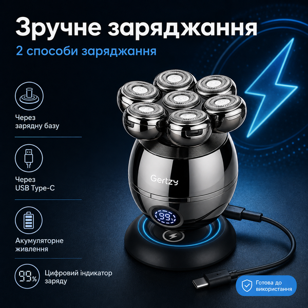 Чоловіча електробритва Gertzy 5-в-1 із 7 плаваючими роторними головками та USB-заряджанням