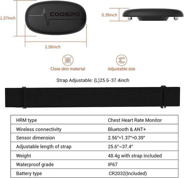 Нагрудный пульсометр COOSPO H6 с Bluetooth 4.0 ANT+ IP67 / датчик сердечного ритма для Peloton Polar DDP Yoga Map My Ride