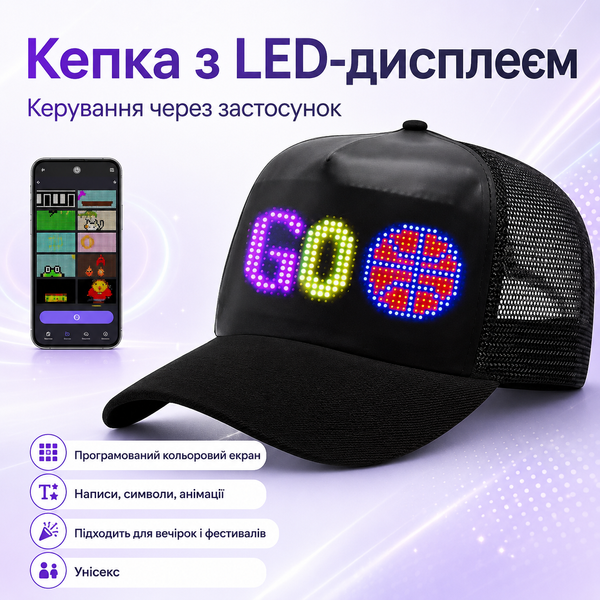 Акумуляторна кепка із LED-дисплеєм та керуванням через застосунок