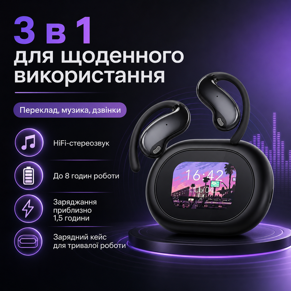 Бездротові навушники MINISO з AI-перекладом та LCD-екраном фото