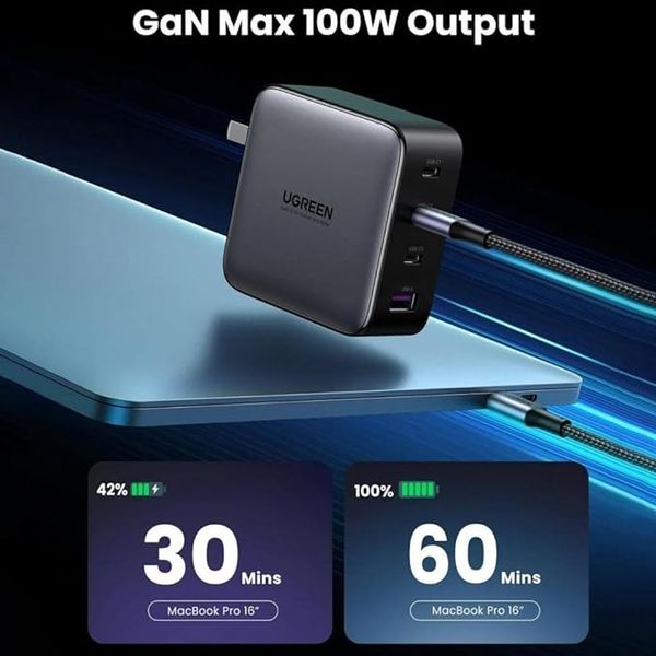 Зарядний пристрій UGREEN CD226 GaN 3 х USB-C + USB-A 100 Вт Чорно-сірий фото