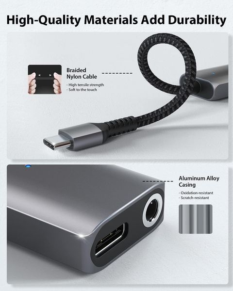 Адаптер Stouchi 2-в-1 USB C на 3,5 мм для заряджання навушників фото