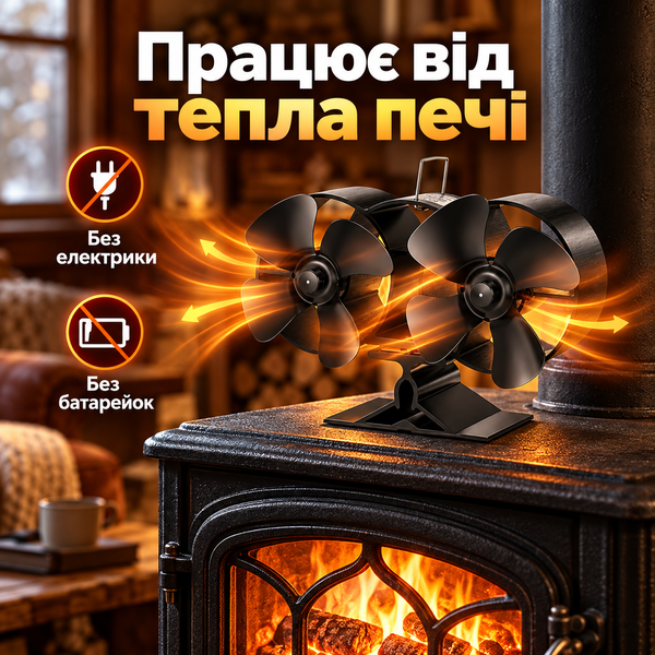 Тепловой вентилятор для печи и камина с двумя вентиляторами