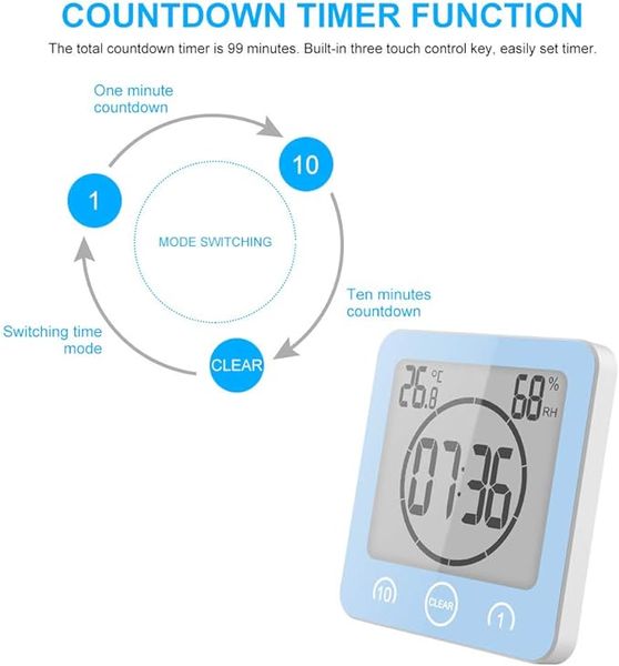Цифровий водонепроникний годинник ALLOMN для ванної кімнати LCD-Екран, будильник, гігрометр і таймер зворотного відліку фото