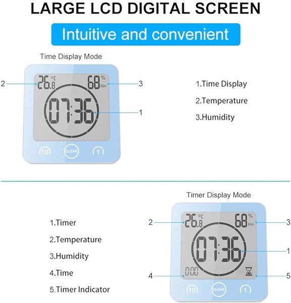 Цифровые часы ALLOMN для ванной комнаты LCD-экран, будильник, гигрометр и таймер обратного отсчета фото