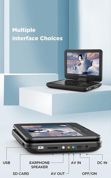 Портативний DVD-програвач  DBPOWER CHY-10 із поворотним екраном 10,5 дюймів фото