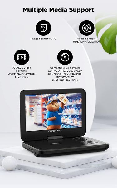 Портативний DVD-програвач  DBPOWER CHY-10 із поворотним екраном 10,5 дюймів фото