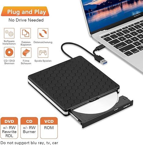 Зовнішній DVD-привід Amicool USB 3.0, Type-C CD DVD +/-RW, оптичний привід фото