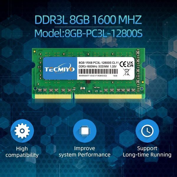 Оперативная память TECMIYO 1RX8 PC3L 12800S 8 ГБ DDR3 1600 RAM (1X8 ГБ) 1,35 В/1,5 В PC3-12800 DDR3 1600 МГц SODIMM CL11 без ECC фото