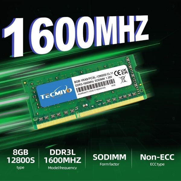 Оперативная память TECMIYO 1RX8 PC3L 12800S 8 ГБ DDR3 1600 RAM (1X8 ГБ) 1,35 В/1,5 В PC3-12800 DDR3 1600 МГц SODIMM CL11 без ECC фото