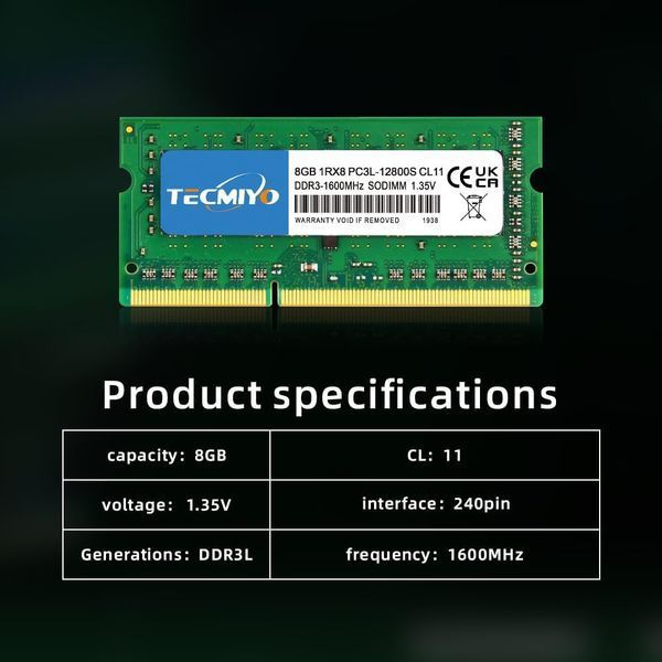 Оперативная память TECMIYO 1RX8 PC3L 12800S 8 ГБ DDR3 1600 RAM (1X8 ГБ) 1,35 В/1,5 В PC3-12800 DDR3 1600 МГц SODIMM CL11 без ECC фото