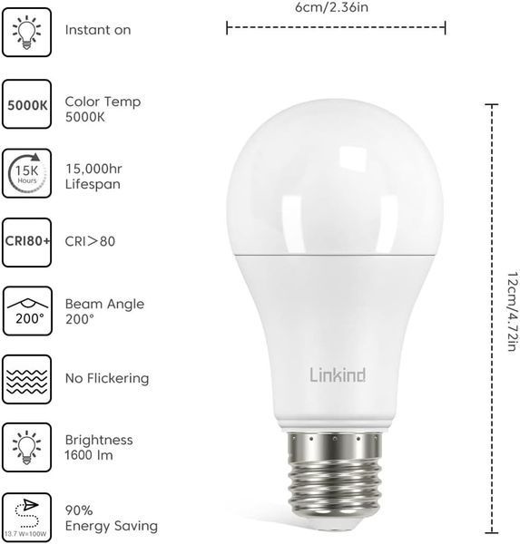 Лампа Эдисона Linkind LED E27, белый, 5000 К, 13,7 Вт (эквивалент 100 Вт) 6 шт фото