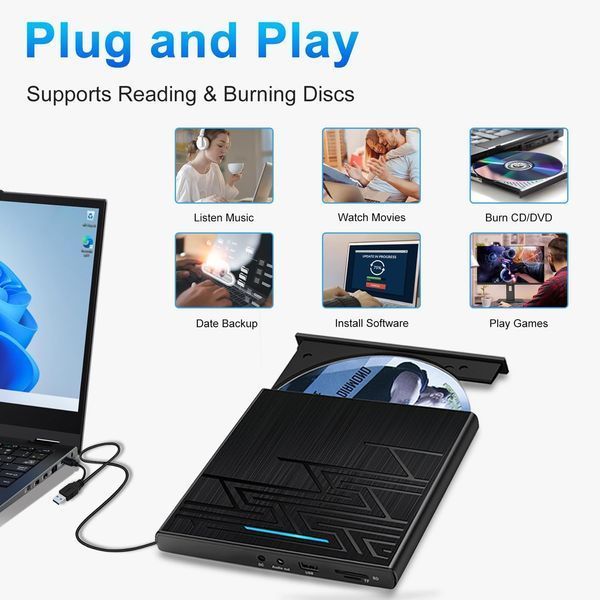 Внешний DVD-привод NOLYTH с USB 3.0 Type-C с портом USB/SD/TF и аудиовыходом
