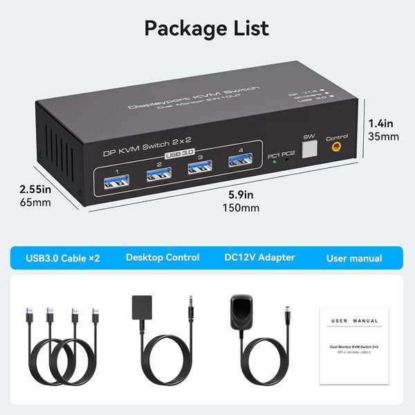 KVM-перемикач Displayport для 2 моніторів та 2 комп'ютерів