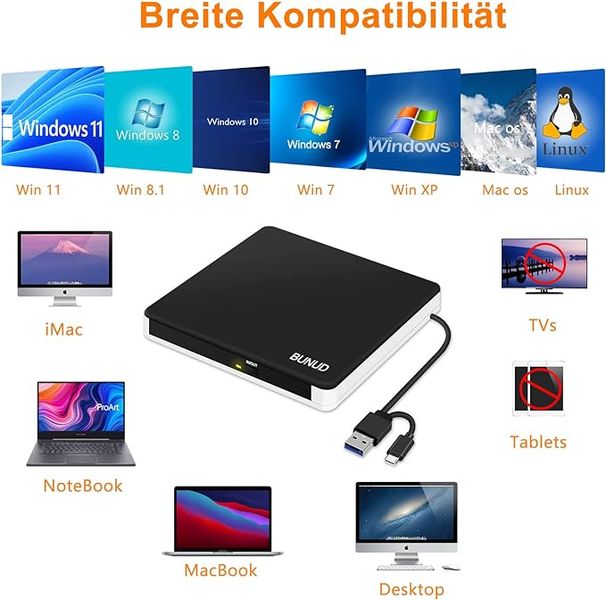 Зовнішній CD-DVD-привід USB 3.0 Type-C BUNUD +/-RW оптичний привід фото