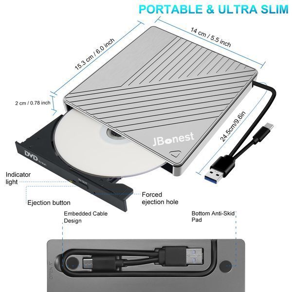 Внешний CD-DVD-привод USB 3.0 типа C, внешний с устройством для чтения карт SD/TF, портативным записывателем RW фото