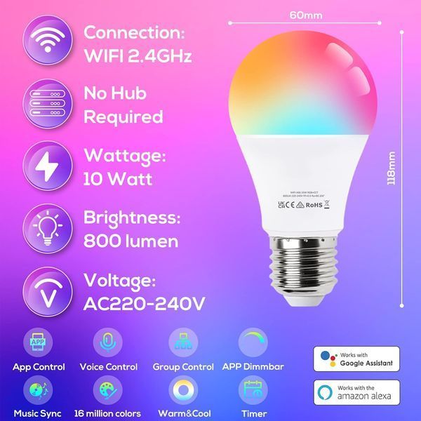 Комплект з 4 розумних лампочок ALUSSO LIGHTING A60 E27 10 Вт RGBCW 2700K-6400K