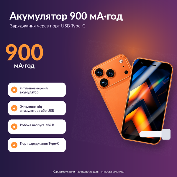 Мінісмартфон 3&Prime; на Android 8.1, 2/16 ГБ, Dual SIM, 3G, Wi-Fi, Type-C, 900 мА&middot;год