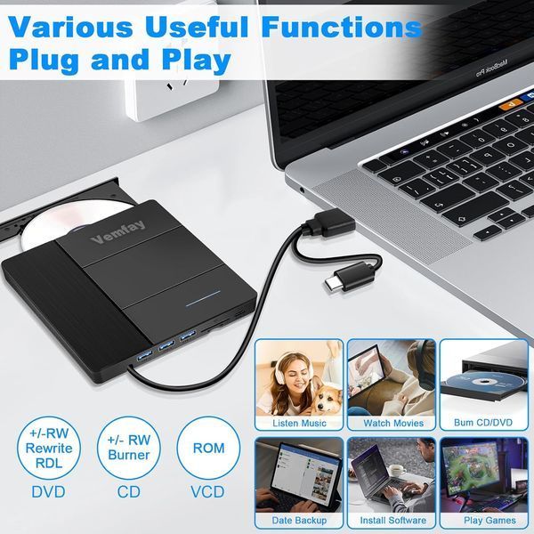 Внешний USB-привод Vemfay CD-DVD-привод USB 3.0 Type-C фото