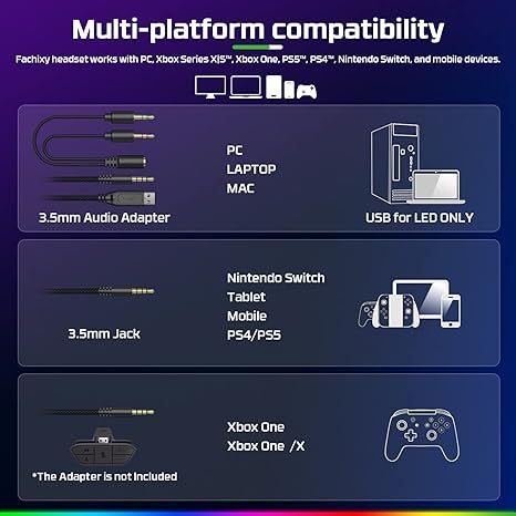 Геймерские наушники FC100 с микрофоном для PS4/PS5, Xbox One с подсветкой RGB