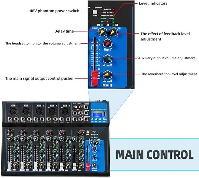 Портативный аудиомикшер 7-канальный Depusheng HT7 Bluetooth с USB MP3 для DJ