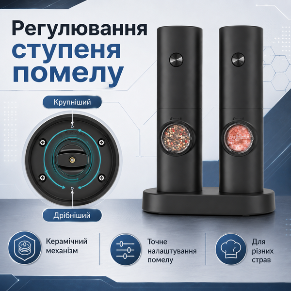Набор электрических мельниц для соли и перца с регулировкой степени помола и LED-подсветкой