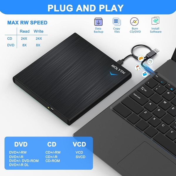 Зовнішній CD/DVD-привід NOLYTH USB 3.0 Type C Записувач компакт-дисків CD DVD +/-RW  фото