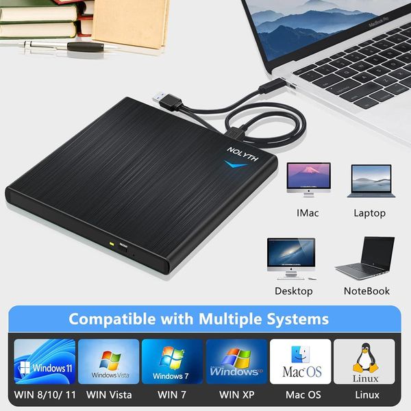 Зовнішній CD/DVD-привід NOLYTH USB 3.0 Type C Записувач компакт-дисків CD DVD +/-RW  фото