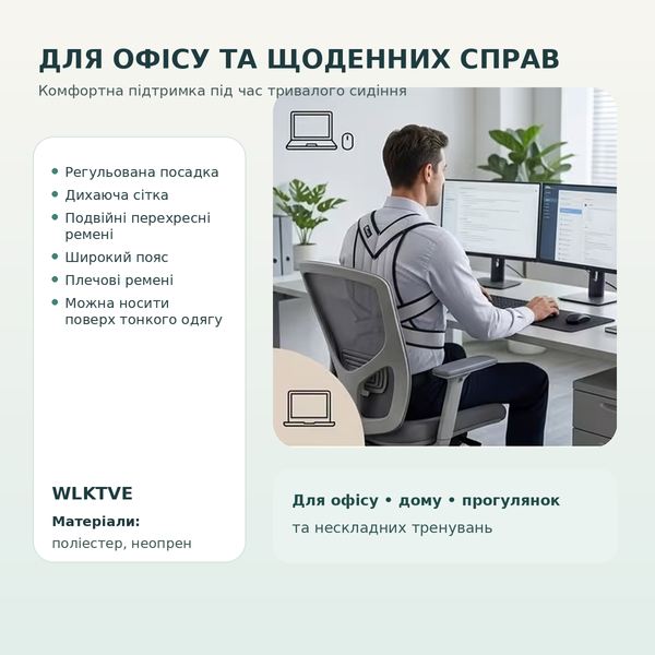 Регульований бандаж-коректор постави WLKTVE для підтримки спини та торсу з дихаючою сіткою, перехресними ременями й широким поясом (розмір XXL)