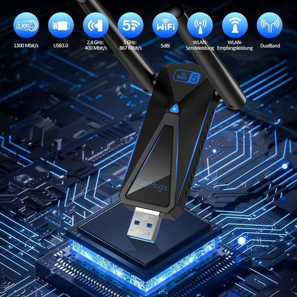 Мережевий USB адаптер Wi-Fi 1300 Мбіт/с з 2 антенами фото