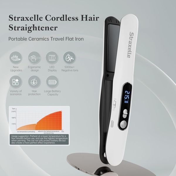 Беспроводной мини-выпрямитель для волос Straxelle 2-в-1 / портативный утюжок и щипцы для завивки со светодиодным дисплеем