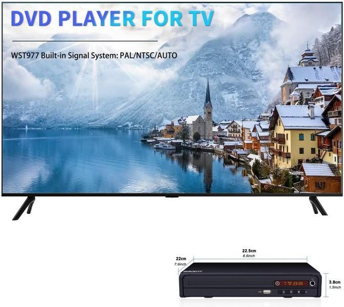 Компактний DVD-програвач WISCENT для телевізора з HDMI/RCA/USB/мікрофоном фото