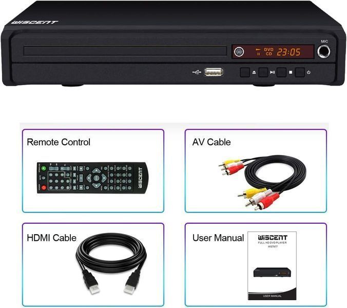 Компактний DVD-програвач WISCENT для телевізора з HDMI/RCA/USB/мікрофоном фото