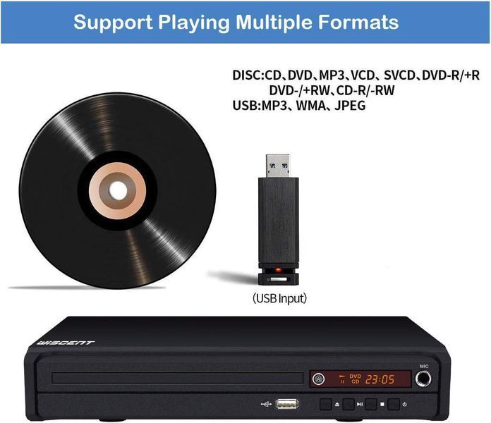 Компактний DVD-програвач WISCENT для телевізора з HDMI/RCA/USB/мікрофоном фото