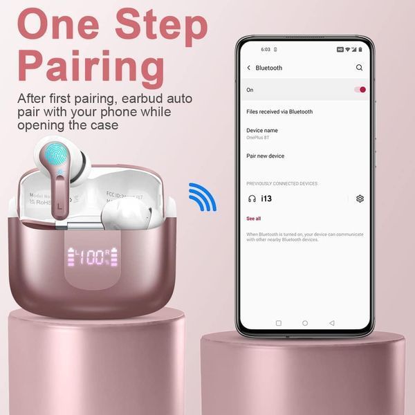 Беспроводные наушники-вкладыши Ordtop &lrm;i13 Bluetooth 5.3, ENC, IP7 Розовые фото