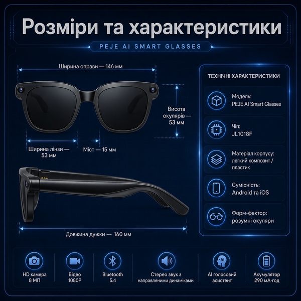 Смарт-окуляри PEJE AI з камерою 8MP та перекладом у реальному часі (Чорні лінзи)