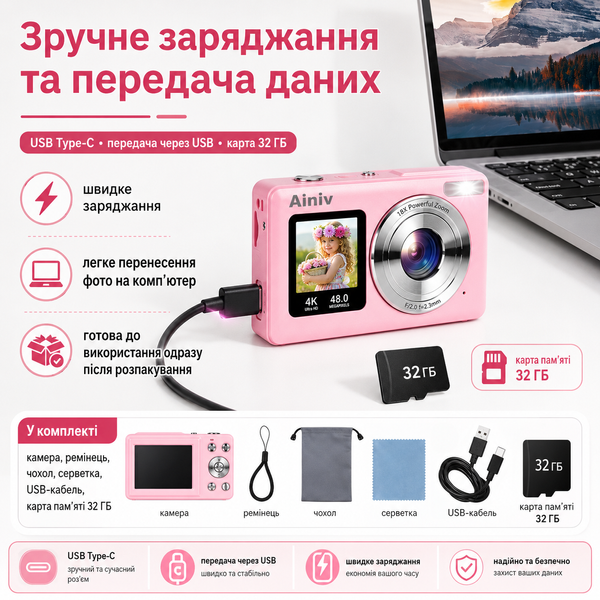 Цифровая камера 4K 48 Мп с двойным экраном и картой памяти фото